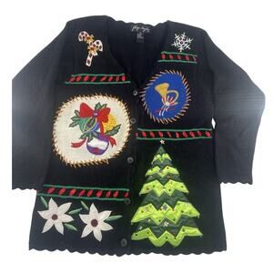 Vintage Gladys Bagley Sweater Cardigan Women Medium Black Knit Christmas Holiday
